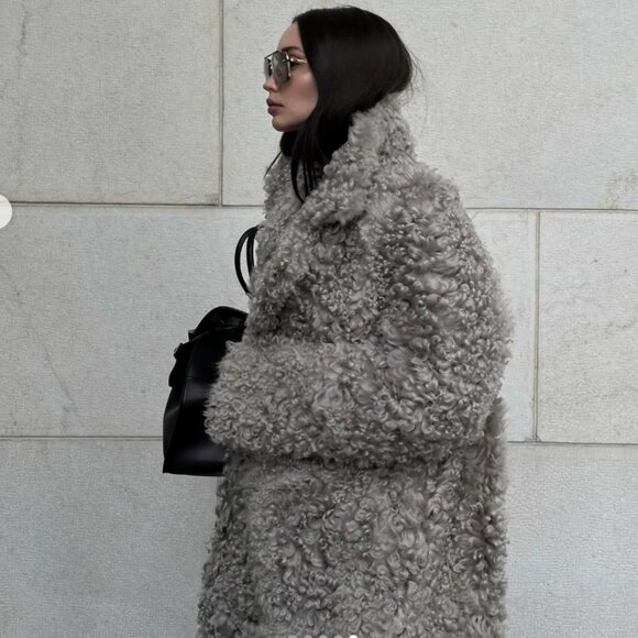 💥SHOWSTOPPER!💥Vegan Persian Curly Lamb Fur Longline Coat in Gray - Picture 3 of 15